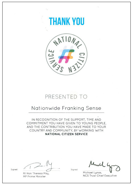 Franking Sense® recognised for its support for the National Citizen Service