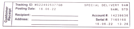 Franking machine receipt for Special Delivery